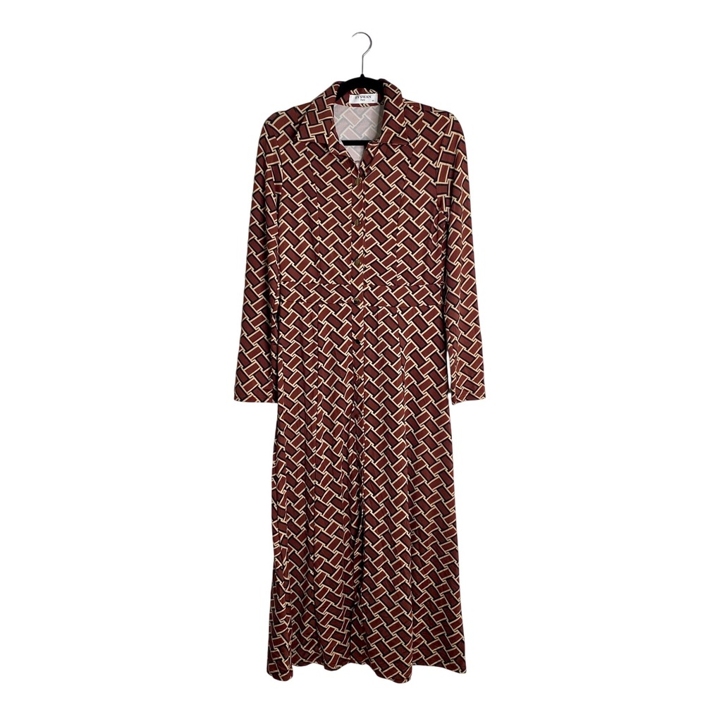 By Swan Paris Geometric Print Long Sleeve Maxi Shirtdress Retro Dark Academia M